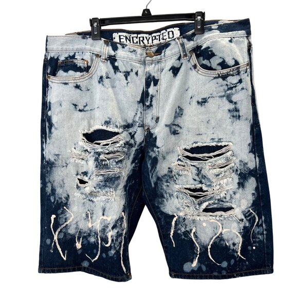 Encrypted Denim Jean Shorts 44 Men Acid Washed Distressed Hip Hop Moto - Picture 1 of 6